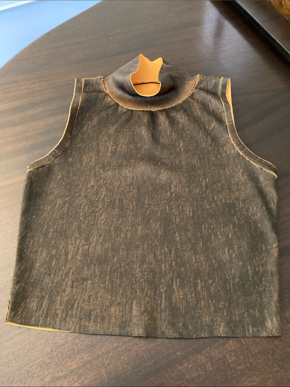 Zara Sleeveless Mock Neck Top in Brown with Orange Trim, Size S